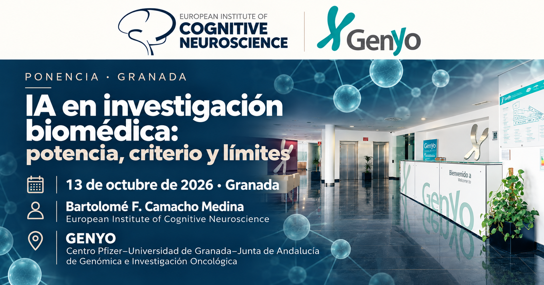 Cartel de la ponencia de Bartolomé F. Camacho Medina en GENYO, 13 de octubre de 2026